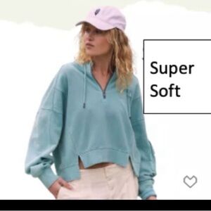Free People💥( Blue)Crop Soft 1/2 Zip Hoodie-NWT
